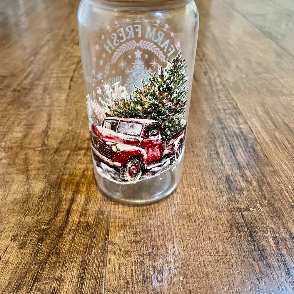 Holiday Glass Jar with Red Truck and Christmas Tree Design